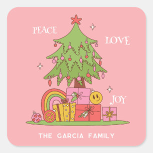 Peace, Love & Joy – ピンクのレトロクリスマスツリー スクエアシール
