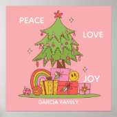 Peace, Love & Joy – ピンクのレトロクリスマスツリー ポスター (正面)