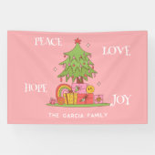 Peace, Love & Joy – ピンクのレトロクリスマスツリー 横断幕 (横)
