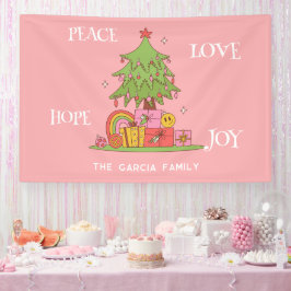 Peace, Love & Joy – ピンクのレトロクリスマスツリー 横断幕
