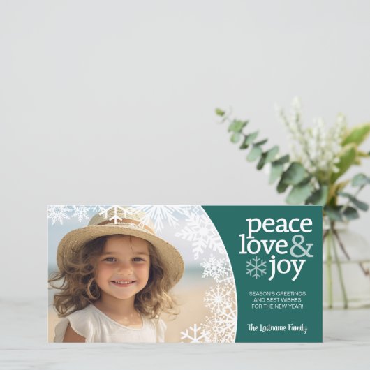 Peace Love Joy – 雪片と1枚の写真 – ティール(緑がかった色) シーズンカード (スタンド正面)