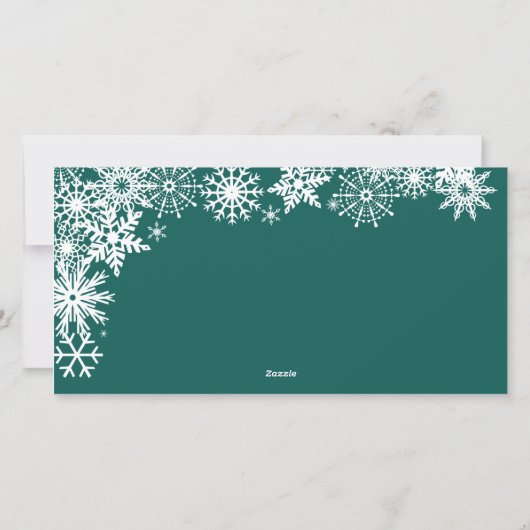 Peace Love Joy – 雪片と1枚の写真 – ティール（緑がかった色） シーズンカード (裏面)