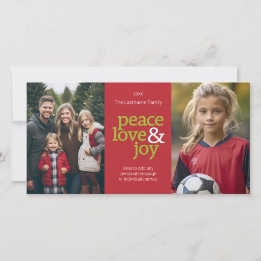Peace Love & Joy - 2枚の写真(赤と緑) シーズンカード (正面)