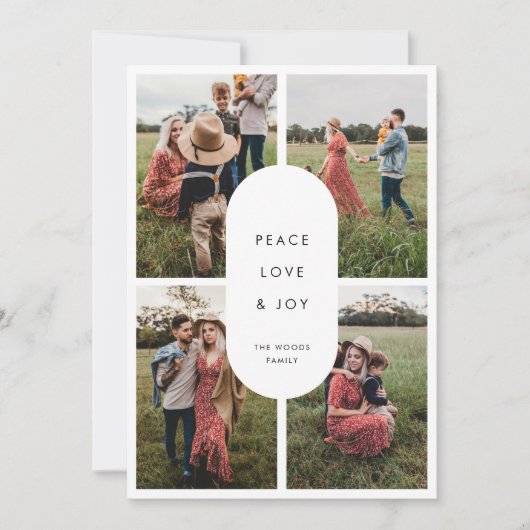 Peace Love Joy 4写真ミニマルモダンリストクリスマス シーズンカード (正面)