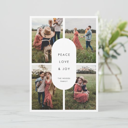 Peace Love Joy 4写真ミニマルモダンリストクリスマス シーズンカード (スタンド正面)