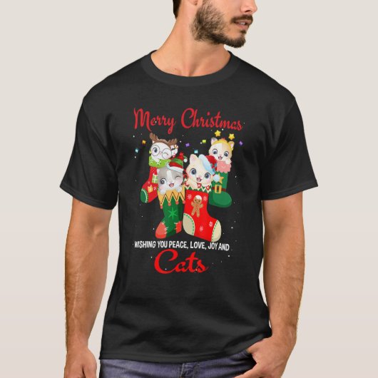Peace Love Joy And Cats In Sock Christmas For Cat Tシャツ (正面)