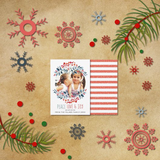 Peace love Joy and coral biries Christmas photo シーズンカード