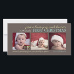 Peace Love Joy Baby's First Christmas Photo Card シーズンカード<br><div class="desc">Holiday message reads 'peace love joy and kisses, it's (baby's) first christmas' in this very sweet design that's customized with your baby's name and features three photos. With text in sage green and teal on a trendy mocha brown background, it's playful, fun and a lovely first christmas greeting for family...</div>