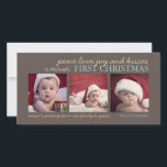 Peace Love Joy Baby's First Christmas Photo Card シーズンカード<br><div class="desc">Holiday message reads 'peace love joy and kisses, it's (baby's) first christmas' in this very sweet design that's customized with your baby's name and features three photos. With text in sage green and teal on a trendy mocha brown background, it's playful, fun and a lovely first christmas greeting for family...</div>