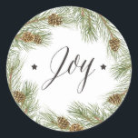 Peace Love Joy Christmasステッカー ラウンドシール<br><div class="desc">Peace Love Joy Christmas Roundステッカー。パインコーンテーマ。カスタマイズ。クリスマスコレクションの一部。</div>