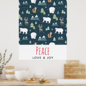 Peace Love & Joy Christmas Animals Pattern ポスター (キッチン)
