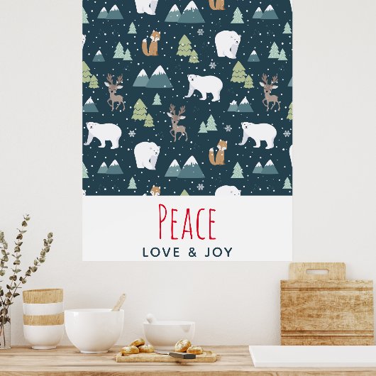 Peace Love & Joy Christmas Animals Pattern ポスター (キッチン)