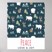 Peace Love & Joy Christmas Animals Pattern ポスター (正面)