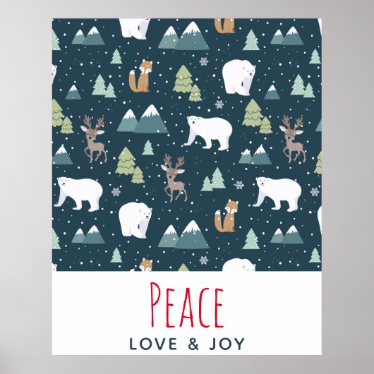 Peace Love & Joy Christmas Animals Pattern ポスター (正面)