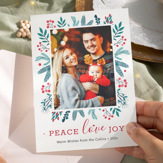 Peace Love Joy Christmas Holly Berries Photo シーズンカード