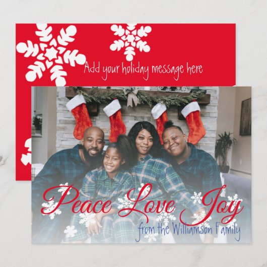 Peace Love Joy Christmas Your Photo Red Script シーズンカード (正面/裏面)