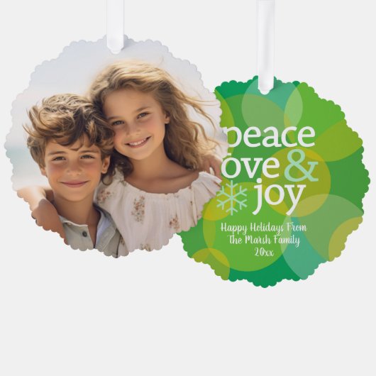 Peace Love Joy Green Bokeh - Christmas Photo オーナメントカード (正面/裏面)