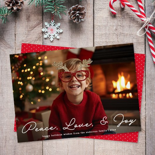 Peace Love & Joy Minimalist Script Photo Christmas シーズンカード