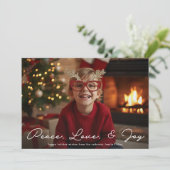 Peace Love & Joy Minimalist Script Photo Christmas シーズンカード (スタンド正面)