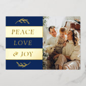 Peace, Love & Joy Modern Photo Christmas Real 箔シーズンカード (正面)