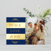 Peace, Love & Joy Modern Photo Christmas Real 箔シーズンカード (立ち正面)