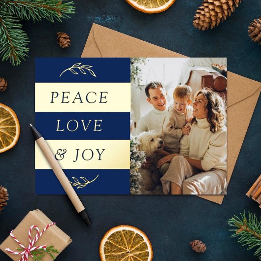 Peace, Love & Joy Modern Photo Christmas Real 箔シーズンカード