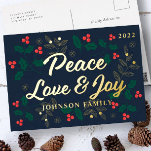 Peace Love & Joy Modern Red Holly Berries Foliage 箔シーズンポストカード