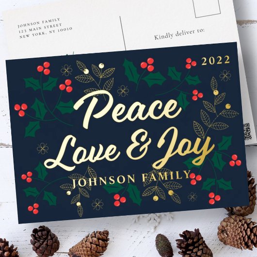Peace Love & Joy Modern Red Holly Berries Foliage 箔シーズンポストカード