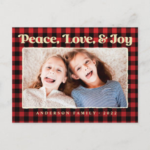 Peace Love & Joy Plaid Pattern家族写真 シーズンポストカード