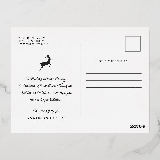 Peace Love & Joy Plaid Pattern家族写真 箔シーズンポストカード (裏面)