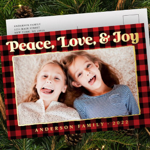 Peace Love & Joy Plaid Pattern家族写真 箔シーズンポストカード