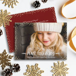 Peace Love Joy Quote Typography Chic Custom Photo シーズンカード<br><div class="desc">“Peace, love & joy.” A playful visual of white, whimsical, handwritten typography and champagne gold confetti dots against your personalized photo, helps you usher in Christmas and New Year. Feel the warmth and joy of the holiday season whenever you use this stylish and modern personalized, custom greeting card. On the...</div>