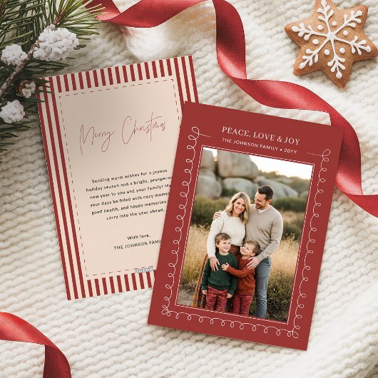 Peace Love & Joy Red Family Photo Christmas シーズンカード