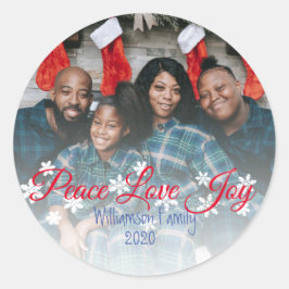 Peace Love Joy Red Script Your Photo ラウンドシール