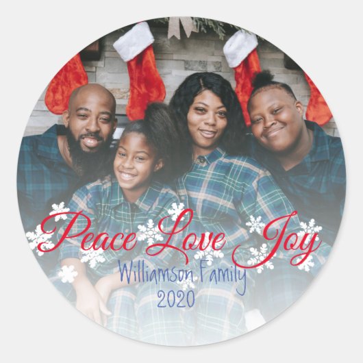 Peace Love Joy Red Script Your Photo ラウンドシール (正面)