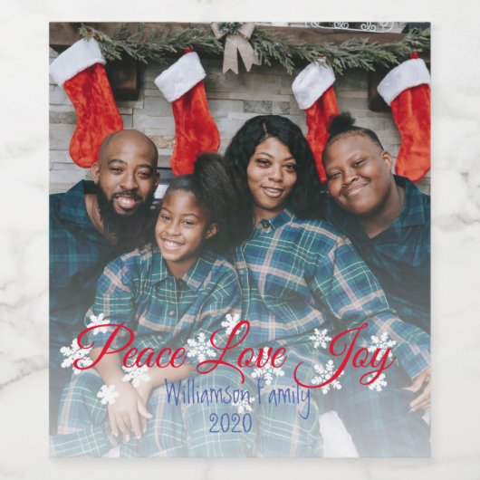 Peace Love Joy Red Script Your Photo ワインラベル (シングルラベル)