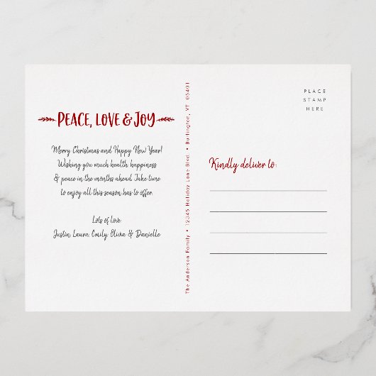 Peace Love Joy Scriptクリスマスフォト実在金ゴールド 箔シーズンポストカード (裏面)
