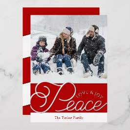Peace Love Joy Script Red Silver 2フォトクリスマス 箔シーズンカード
