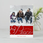 Peace Love Joy Script Red Silver 2フォトクリスマス 箔シーズンカード (立ち正面)