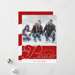 Peace Love Joy Script Red & White Photo Christmas シーズンカード