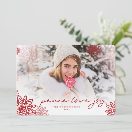 Peace Love Joy Snowflakesクリスマスエレガント写真 シーズンカード (スタンド正面)