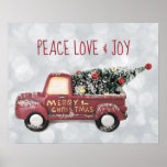 Peace Love & Joy w/ RedToy Truck Merry Christmas ポスター<br><div class="desc">A poster with a cute little toy truck with Merry Christmas hand painted on the side. Transporting a decorated Christmas tree in the back. Text says: peace Love & Joy. Silver bokeh background adds a festive flair.</div>