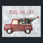Peace Love & Joy w/ RedToy Truck Merry Christmas ポスター<br><div class="desc">A poster with a cute little toy truck with Merry Christmas hand painted on the side. Transporting a decorated Christmas tree in the back. Text says: peace Love & Joy. Silver bokeh background adds a festive flair.</div>
