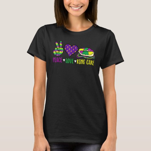 Peace Love King Cake Funny Mardi Gras Festival Par Tシャツ (正面)