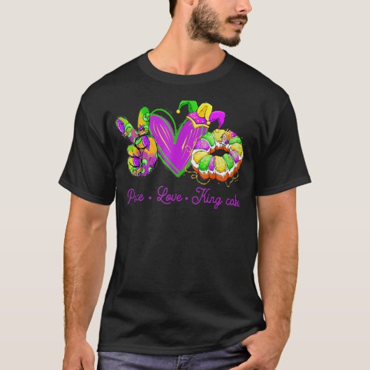 Peace Love King Cake Mardi Gras Party Carnival S Tシャツ (正面)