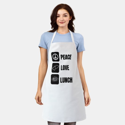Peace Love Lunch – ランチ用おもしろいデザイン エプロン (着用した状態)