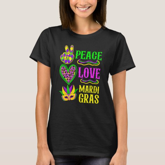 Peace Love Mardi Gras Leopard Funny Festival Carni Tシャツ (正面)