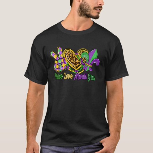 Peace Love Mardi Gras Leopard Heart Mardi Gras Cro Tシャツ (正面)