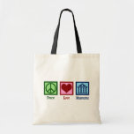 Peace Love Museums トートバッグ<br><div class="desc">Peace Love Museums. A cute museum gift for an archivist,  collections manager,  registrar,  conservator,  or curator of art or artifacts in an institution. A cool peace sign,  heart,  and museum building.</div>