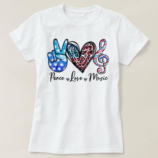 Peace Love Musicアメリカ国旗7月4日音楽先生 Tシャツ (デザイン正面)